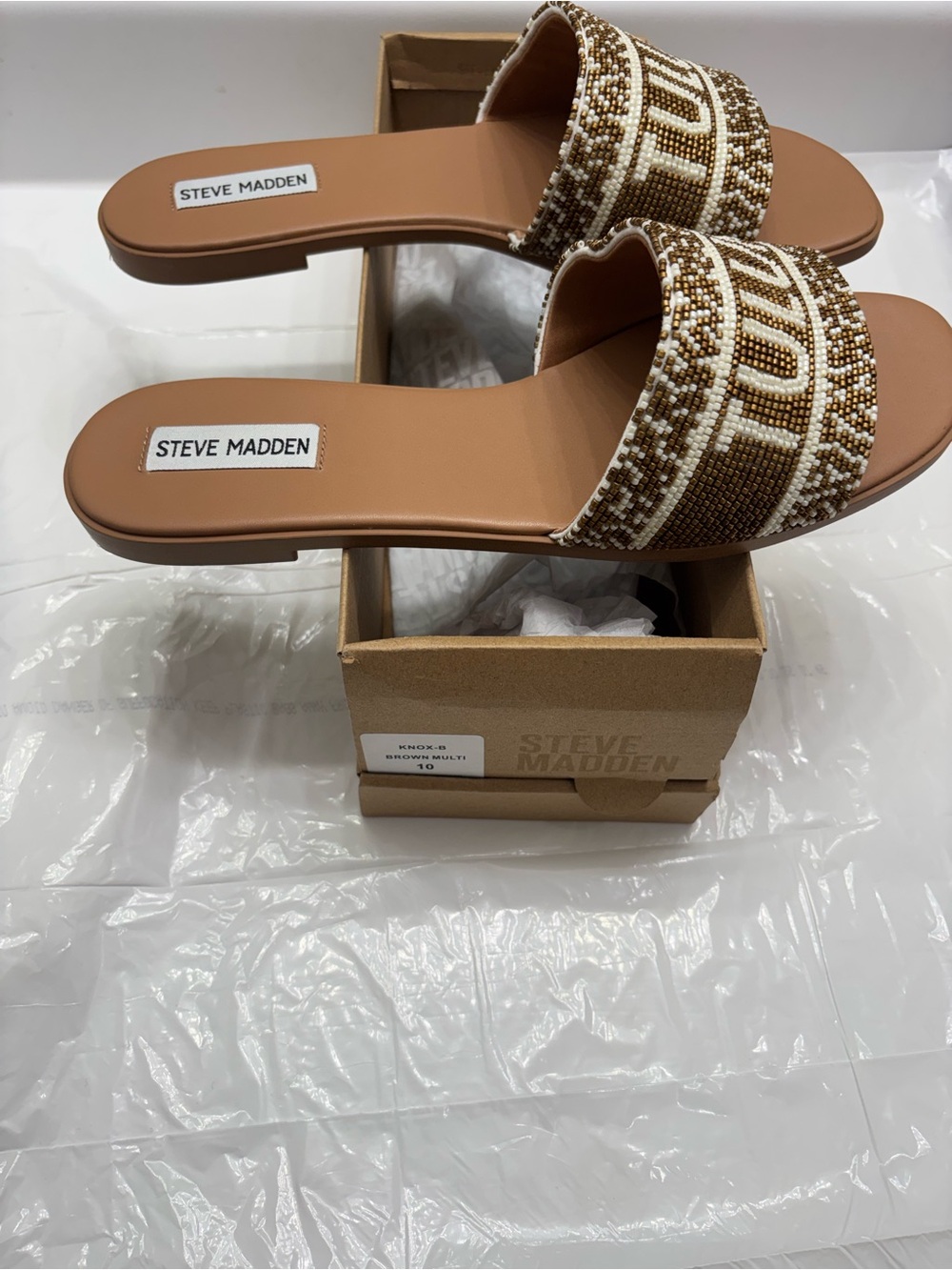 Steve Madden Brown & White Beaded Slide Sandals
